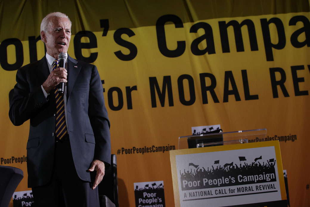 Then-presidential candidate Joe Biden addresses the Moral Action Congress of the Poor People's Campaign at Trinity Washington University in Washington, D.C., June 2019. (Getty/Alex Wong)