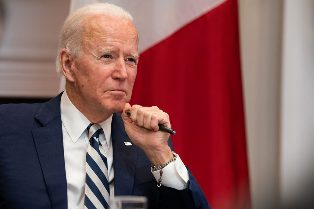 President Joe Biden looks on during a virtual meeting with Mexican President Andrés Manuel López Obrador at the White House on March 1, 2021, in Washington, D.C. (Getty/Anna Moneymaker-Pool)