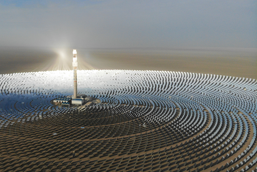 Aerial photo taken on February 24, 2021, shows a molten-salt solar thermal power plant in Dunhuang, northwest China's Gansu Province. (Getty/Ma Xiping/Xinhu)