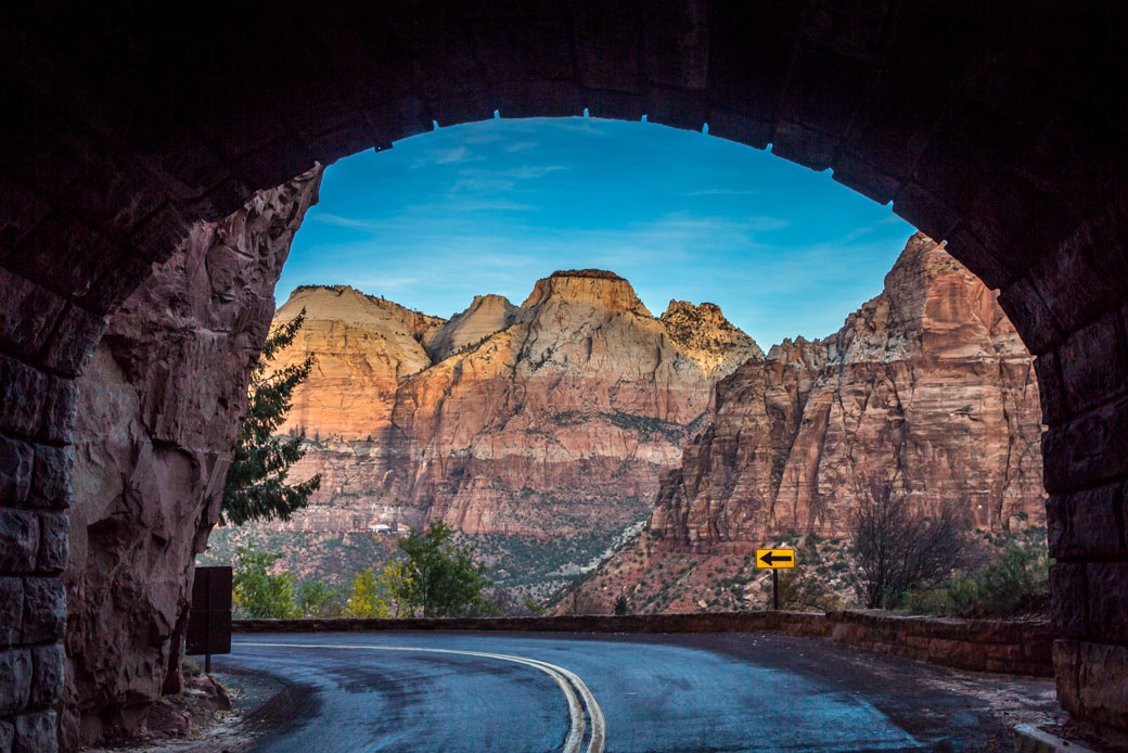 Steep rock outcroppings are seen from the Zion-Mount Carmel Highway Tunnel on November 6, 2018, in Zion National Park, Utah. (Getty/George Rose)