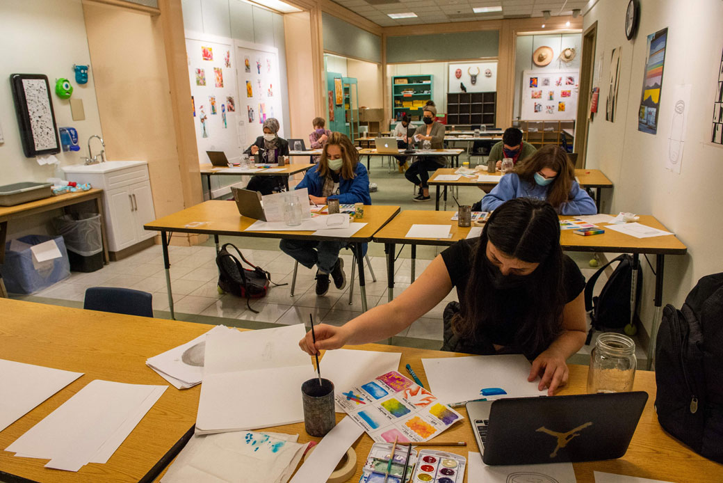 High school students learn art in a room at a closed Macy's department store in Burlington, Vermont, on March 30, 2021. (Getty/AFP/Joseph Prezioso)