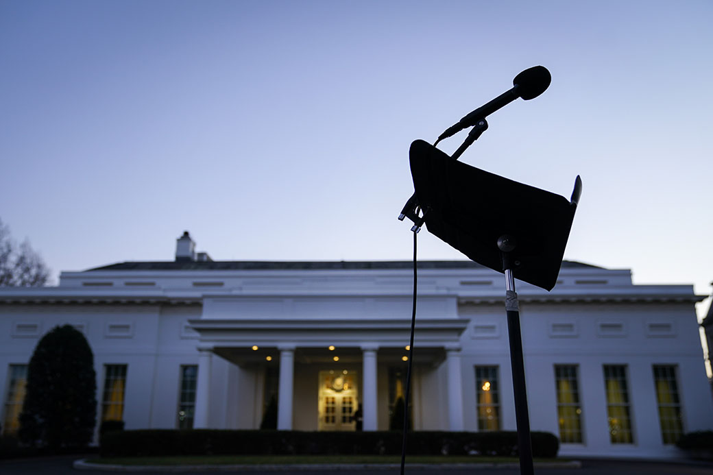A microphone stands near the West Wing of the White House after the U.S. House of Representatives voted to impeach then-President Donald Trump on January 13, 2021, in Washington, D.C. (Getty/Drew Angerer)