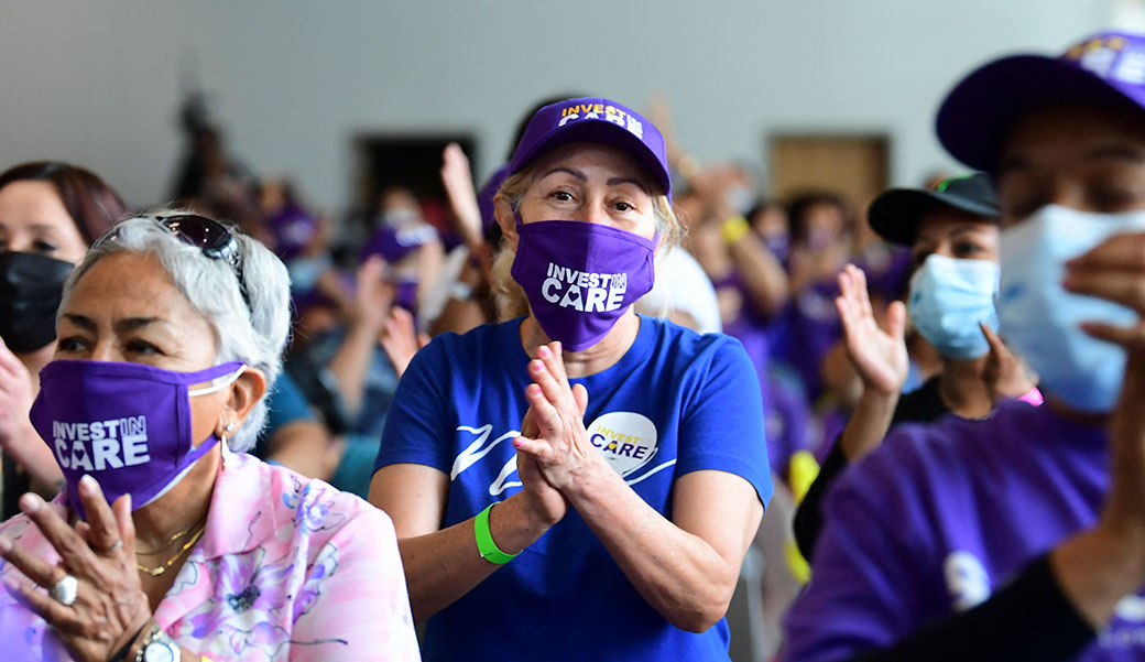 Long-term caregivers and supporters rally in Los Angeles on July 13, 2021, for greater federal and local investment in the country's caregiving infrastructure as Congress debates the president's significant investment in quality home care. (Getty/Frederic J. Brown/AFP)