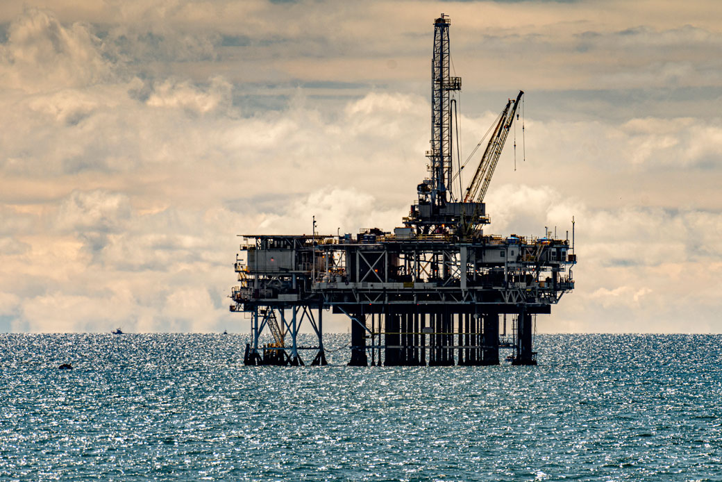 An offshore oil platform is seen off the coast of Huntington Beach, California, on Sunday, April 5, 2020. (Getty/Orange County Register/MediaNews Group/Leonard Ortiz)
