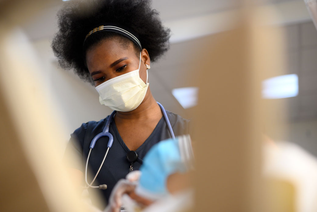 A student nurse attends to a patient care manikin in a training simulation at an education lab in Broomall, Pennsylvania, on January 28, 2020. (Getty/NurPhoto/Bastiaan Slabbers)