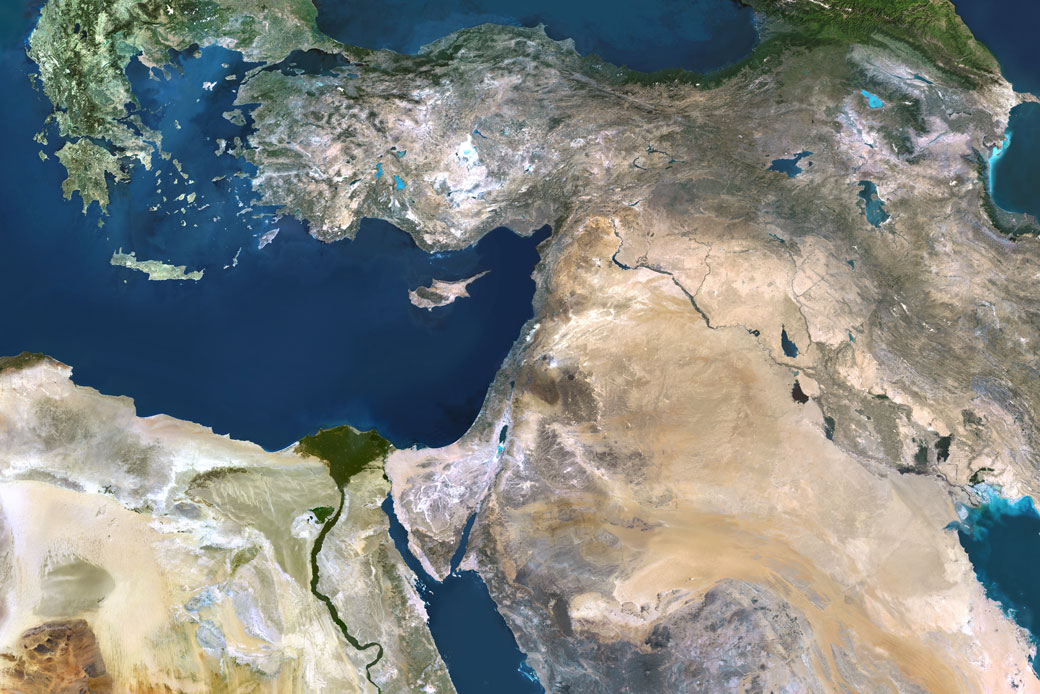  (A true-color image compiled using data acquired by Landsat 5 and 7 satellites shows parts of the Middle East, including Saudi Arabia, Egypt, Cyprus, Israel, Iran, Turkey, and Iraq.)