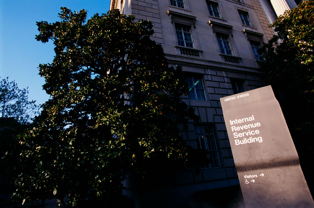 A sign outside the Internal Revenue Service (IRS) Building, January 1997. (Getty/James Leynse)