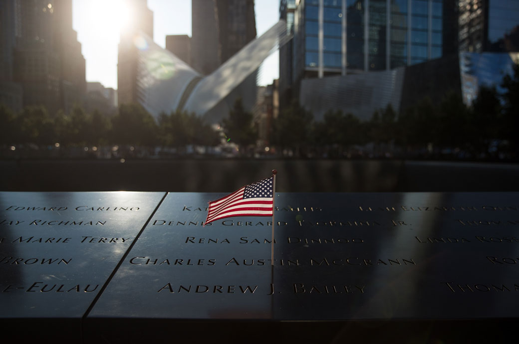An American flag is left at the National September 11 Memorial, September 2017. (Getty/Drew Angerer)