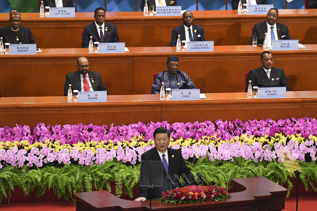 Chinese President Xi Jinping, front center, gives a speech during the opening ceremony of the Forum on China-Africa Cooperation at the Great Hall of the People, September 3, 2018, in Beijing. (Getty/Madoka Ikegami)