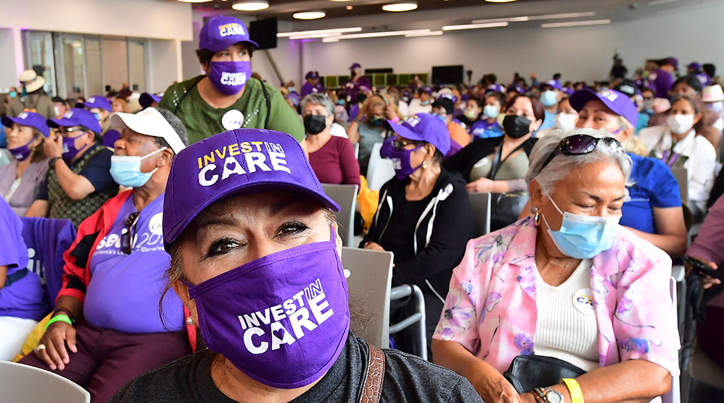 Long-term caregivers and supporters rally in Los Angeles on July 13, 2021, for greater federal and local investment in the country's caregiving infrastructure. (Getty/Frederic J. Brown/AFP)