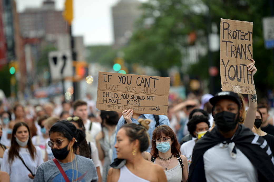 A crowd of protesters at the Trans Youth March.