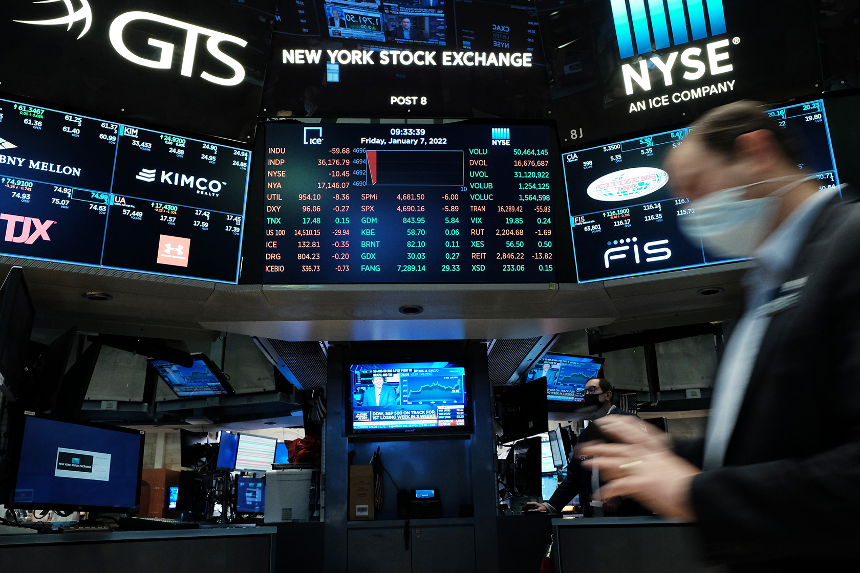 Photo of the NYSE electronic board with a walking male figure blurred in the foreground