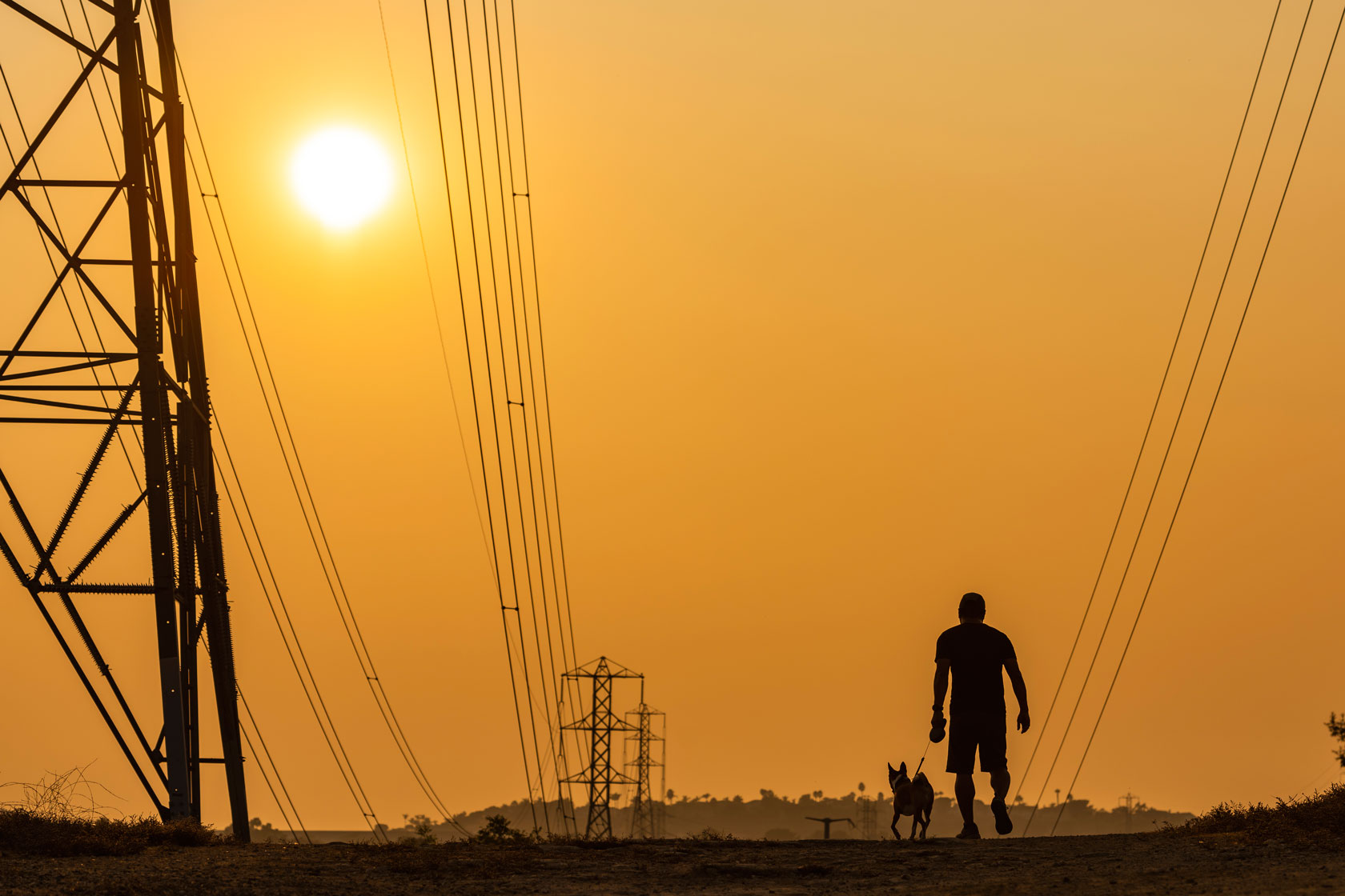A man walks his dog at sunset.