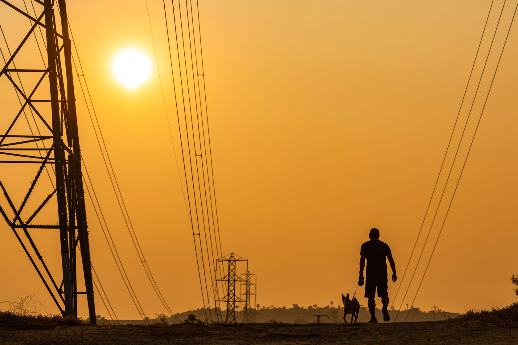 A man walks his dog at sunset.