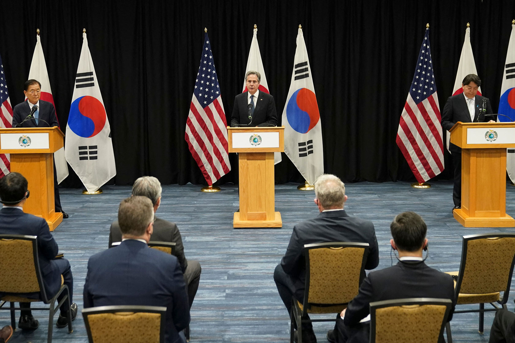 U.S. Secretary of State Blinken speaks during a joint press availability with South Korean Foreign Minister Chung and Japanese Foreign Minister Hayashi.