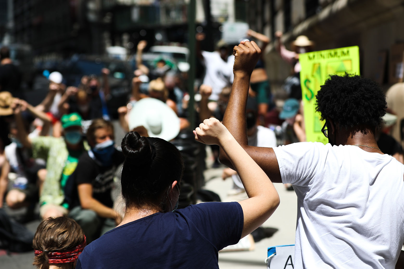 A group of Black Lives Matter demonstrators protest about the minimum wage in New York City, July 2020.