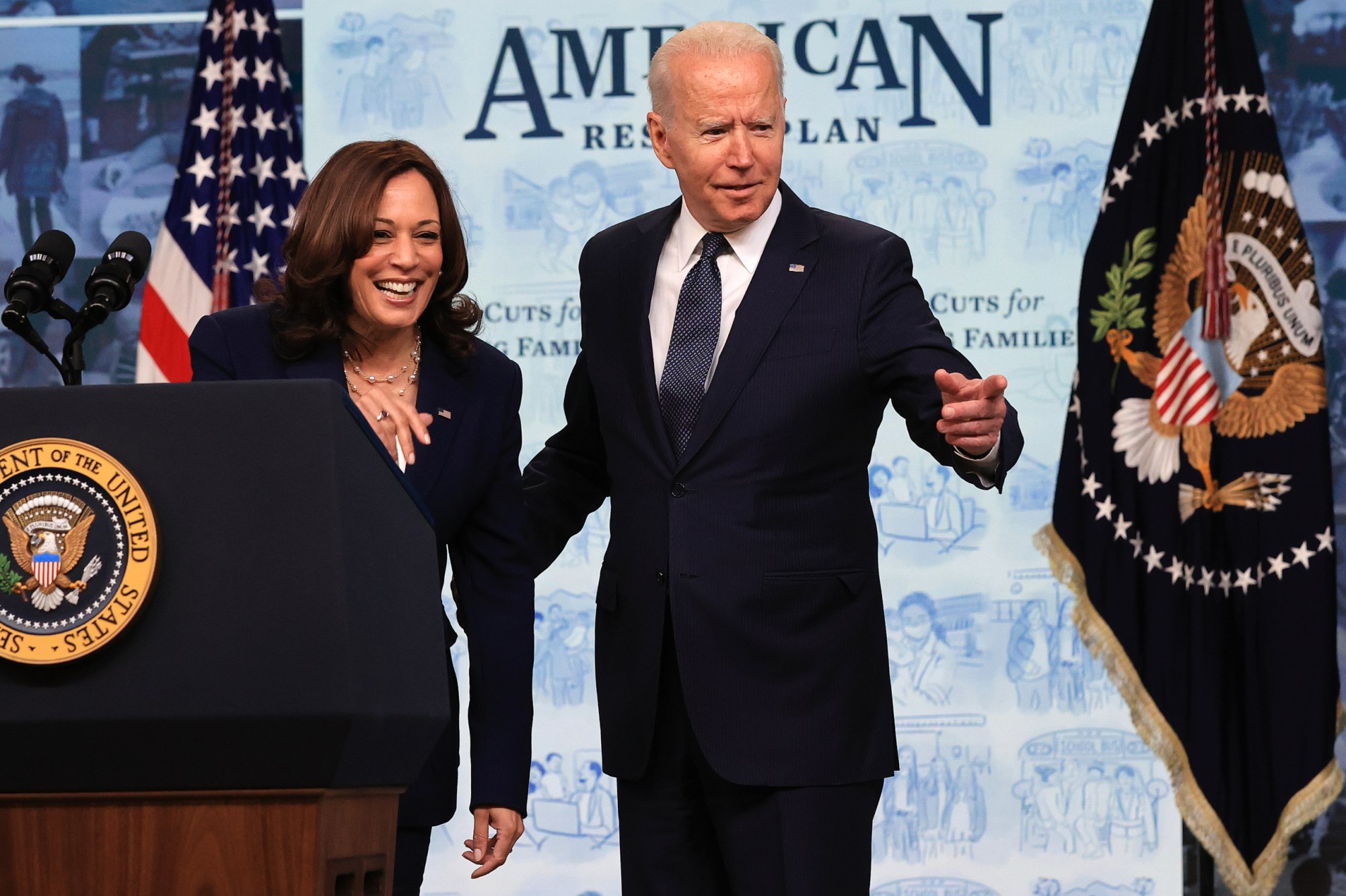 Vice President Kamala Harris and President Joe Biden on stage after President Biden's speech President Biden Delivers Remarks On First Day Americans Receive New Child Tax Credit