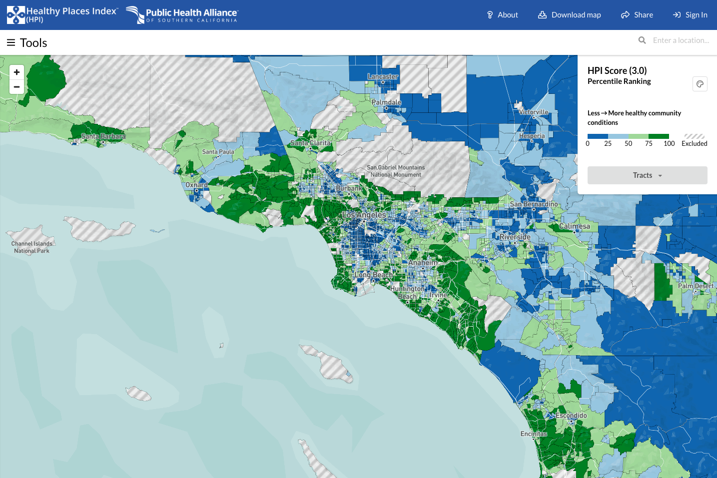 The Public Health Alliance of Southern California's Healthy Places Index (HPI) map can display the HPI ratings for census tracts throughout California. Here, it shows metropolitan Los Angeles. Green shading represents areas with conditions more conducive to health—i.e., higher HPI ratings—and blue represents less healthy areas with lower HPI ratings. This interactive mapping tool provides the user with opportunities to customize the information shown based on needs and to access practical information on actionable policies. 