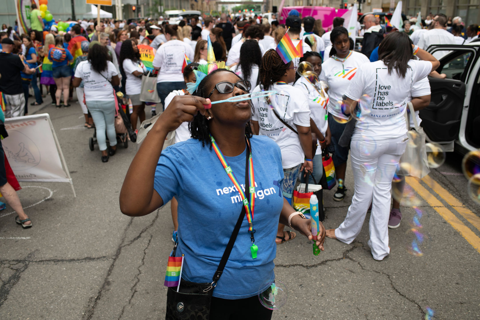 Workers prepare for the Motor City Pride parade.