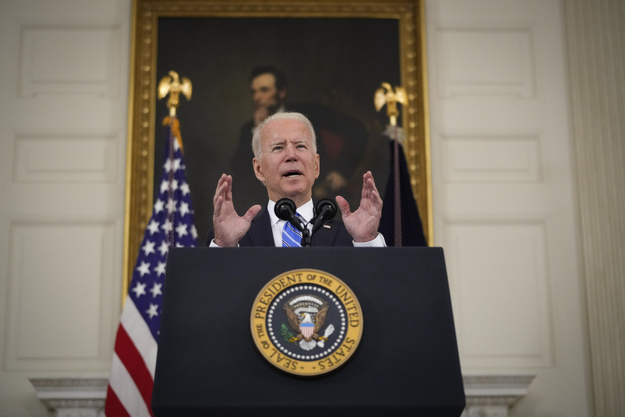 U.S. President Joe Biden speaks about the nation's economic recovery amid the COVID-19 pandemic in the State Dining Room of the White House on July 19, 2021 in Washington, DC.