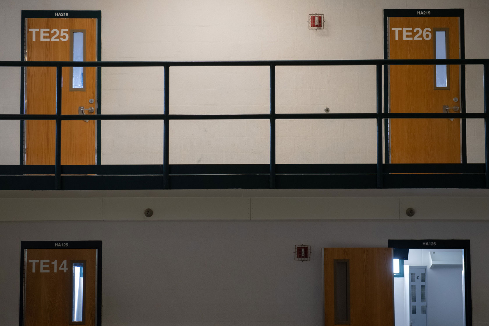 Cell room doors are seen at the Caroline Detention Facility in Bowling Green, Virginia.