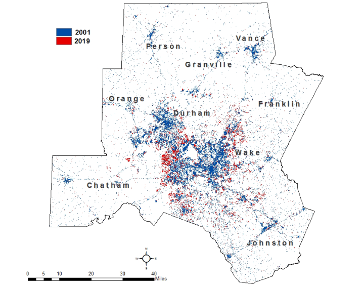 The map shows that between 2001 to 2019 the total developed land of the Raleigh-Durham metropolitan area increased by 35.2 percent.