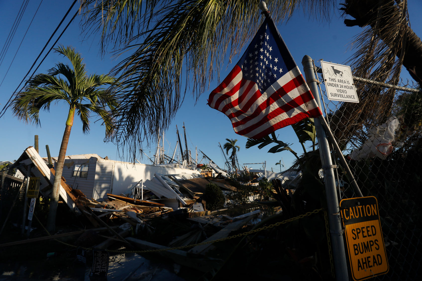 An American flags flies at a mobile home park located on San Carlos Island.