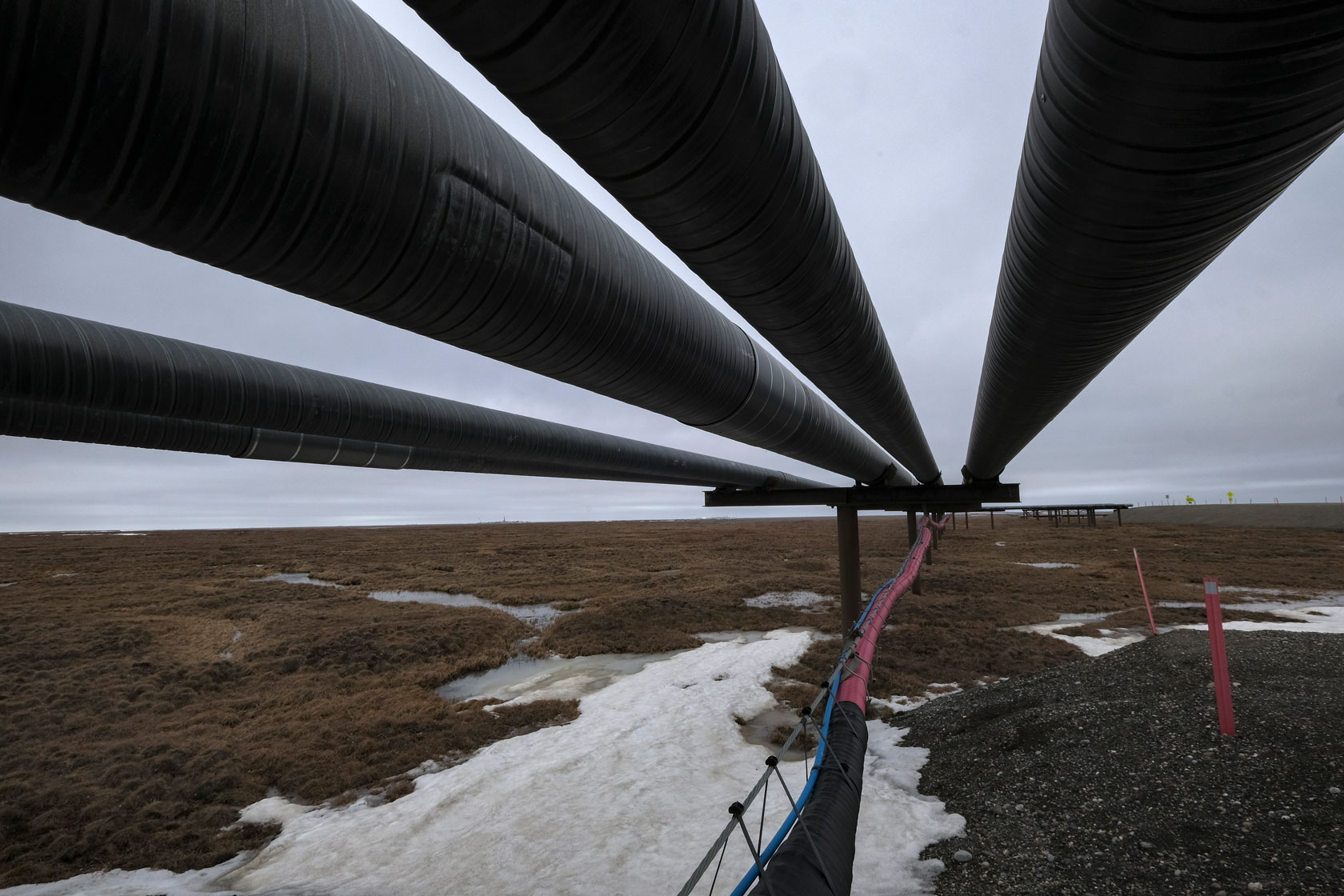 An oil pipeline stretches across an open landscape over patches of snow beneath an overcast sky.