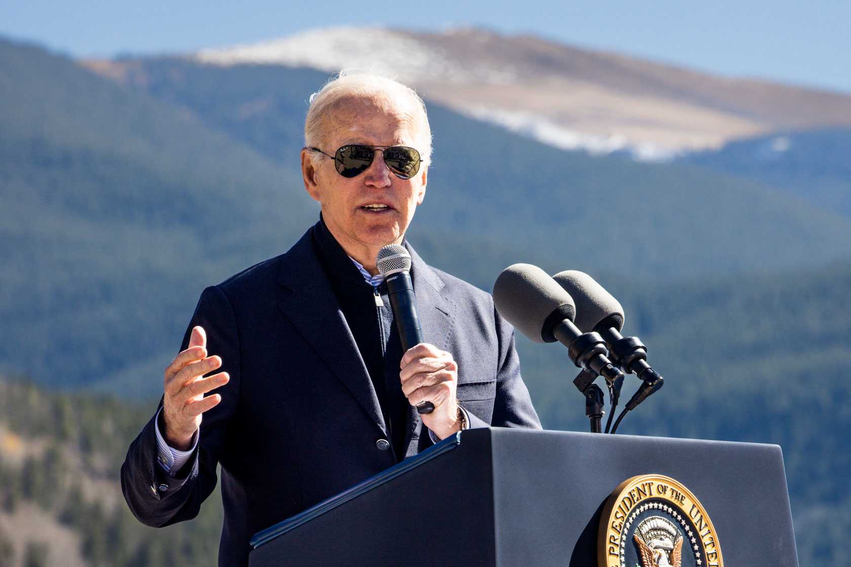 U.S. President Joe Biden gives a speech before designating Camp Hale as a national monument.