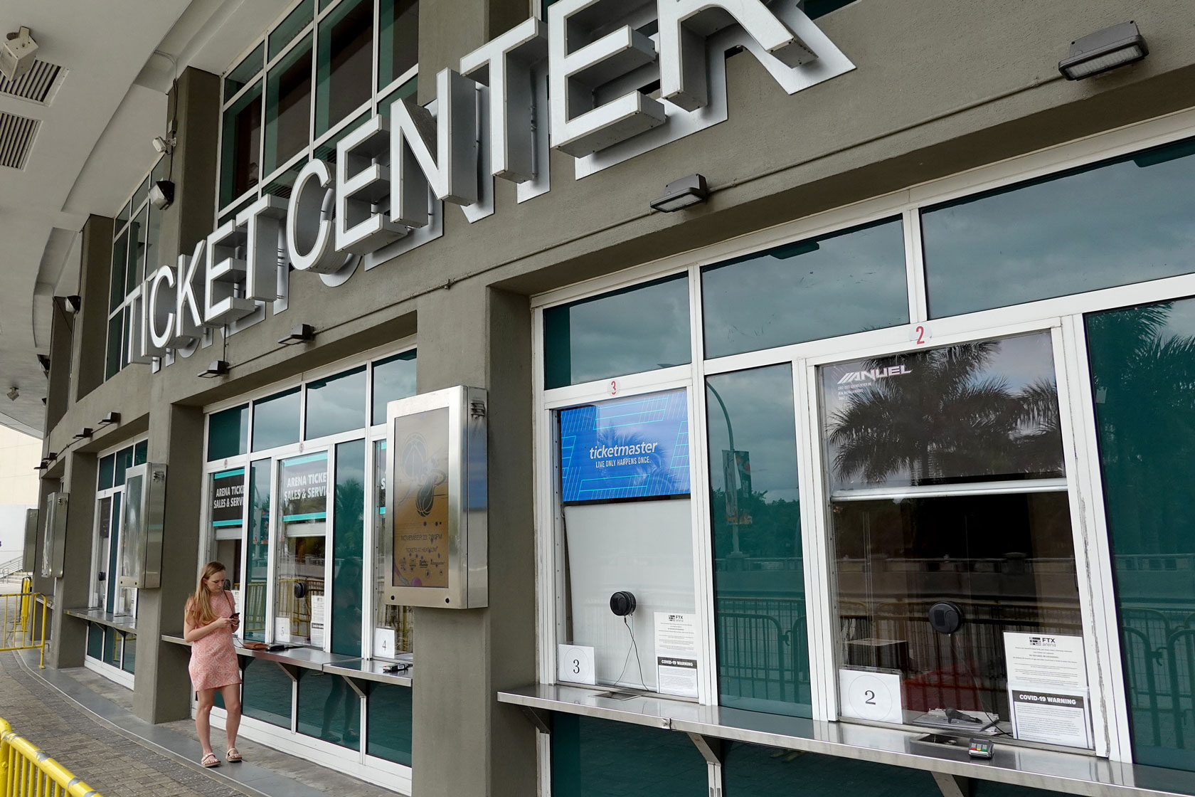 A Ticketmaster sign hangs on the wall at the FTX Arena ticket window.