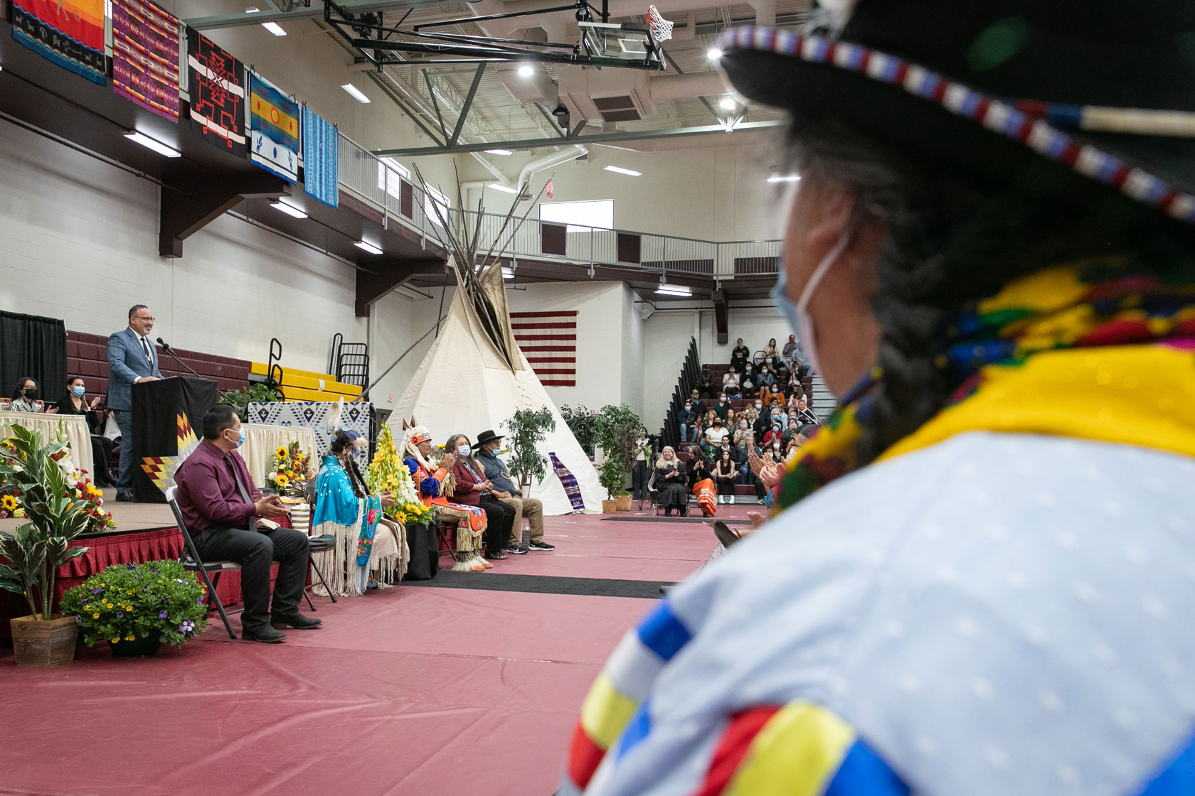 U.S. Secretary of Education Miguel Cardona  delivers the commencement address at Salish Kootenai College.