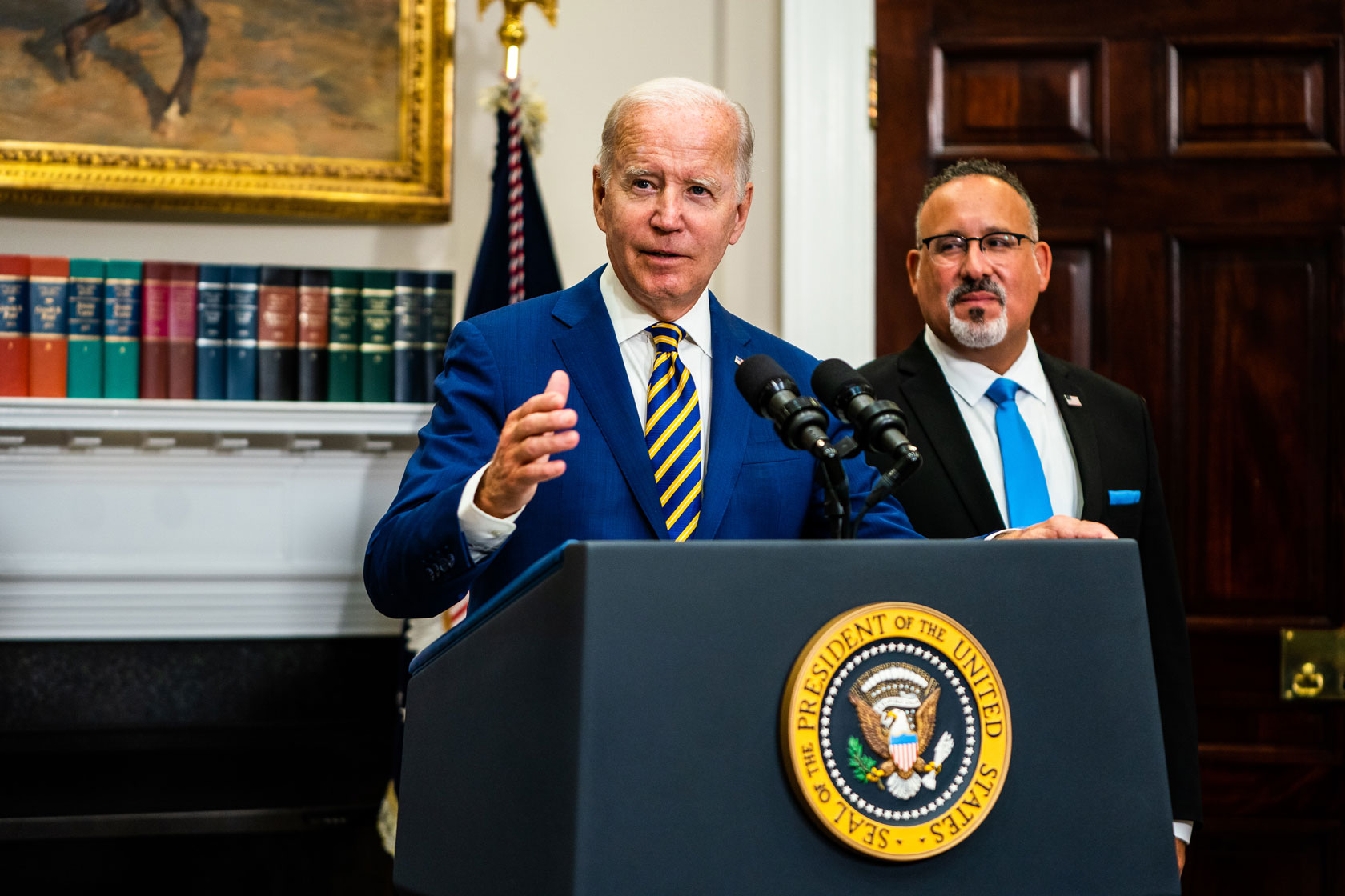 U.S. President Joe Biden delivers remarks regarding student loan debt forgiveness.