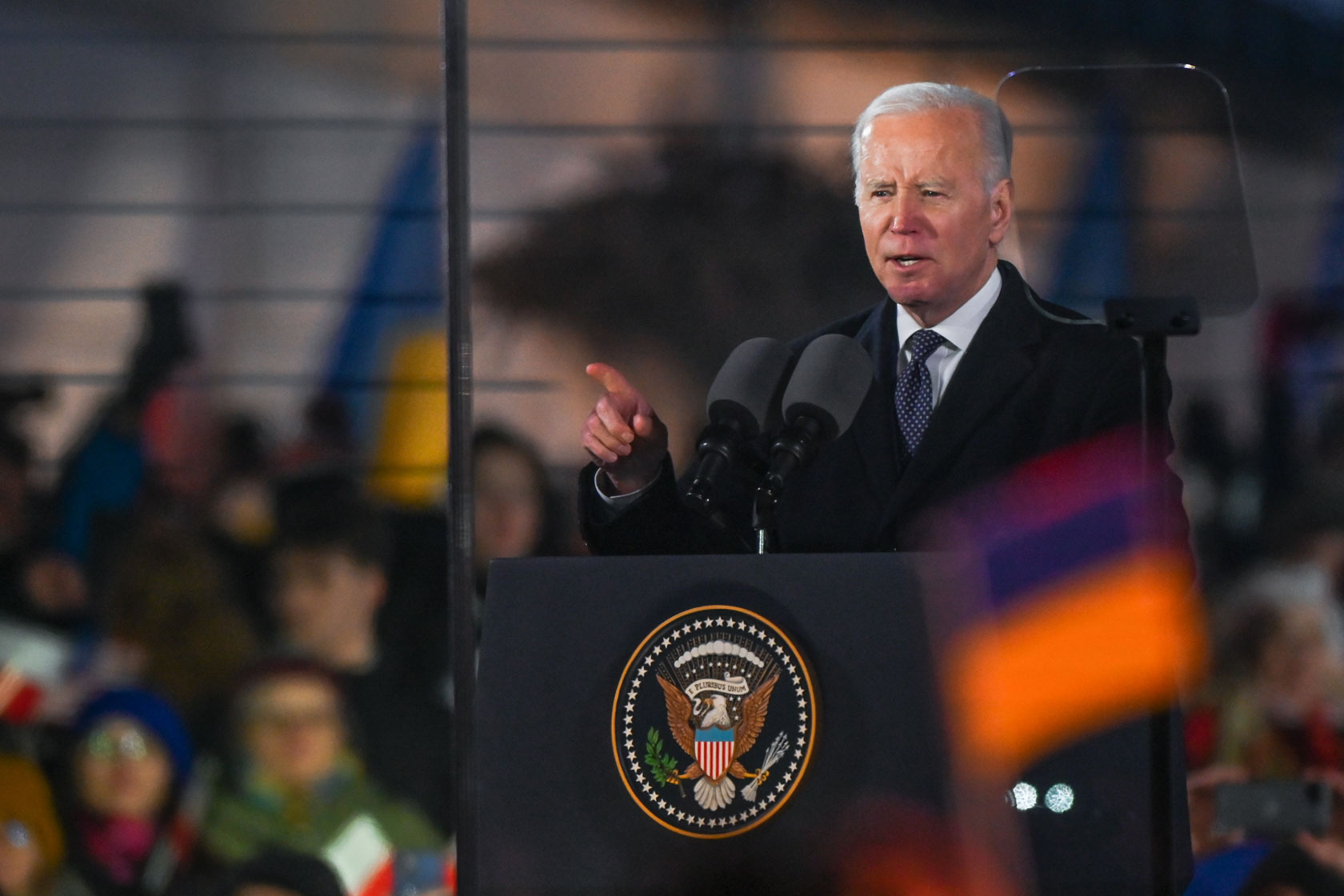 President Joe Biden delivers a speech in the Royal Castle Arcades, in Warsaw, Poland.