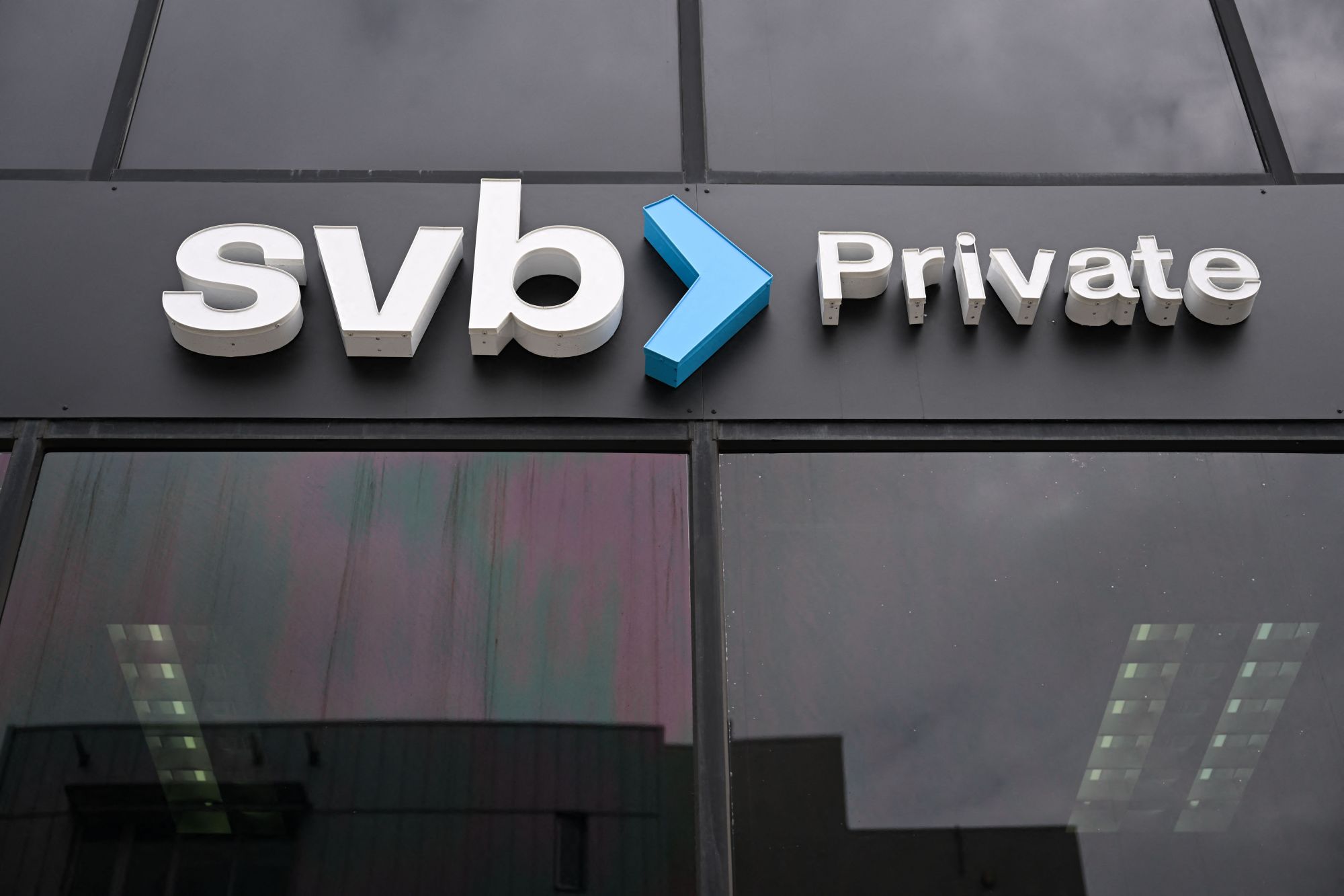 The SVB Private logo is displayed outside of a Silicon Valley Bank branch in Santa Monica, California.