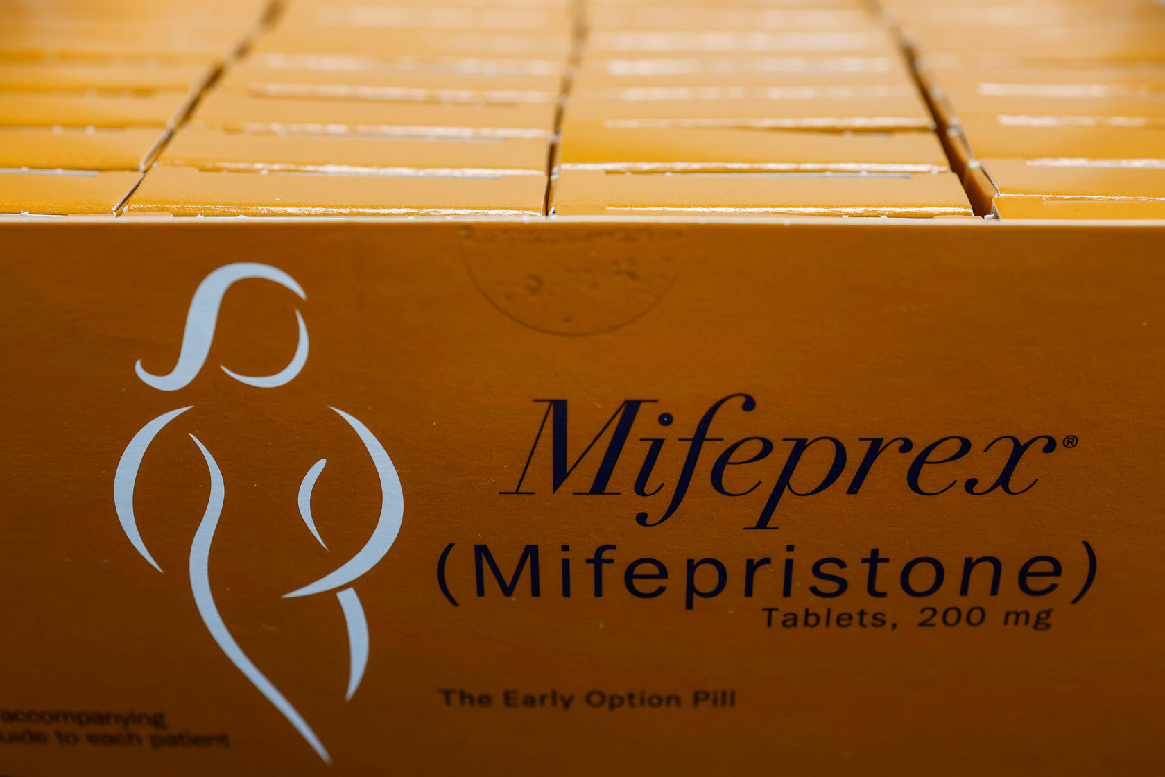 Packages of Mifepristone tablets are displayed at a family planning clinic.