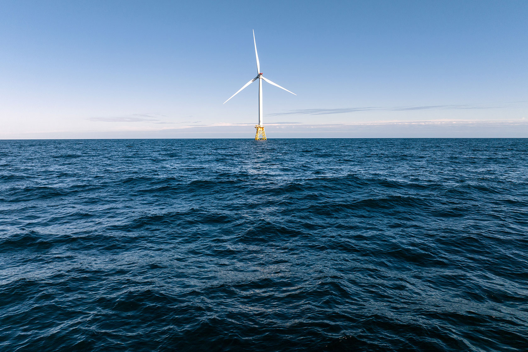 A wind turbine generates electricity at Rhode Island’s Block Island Wind Farm.