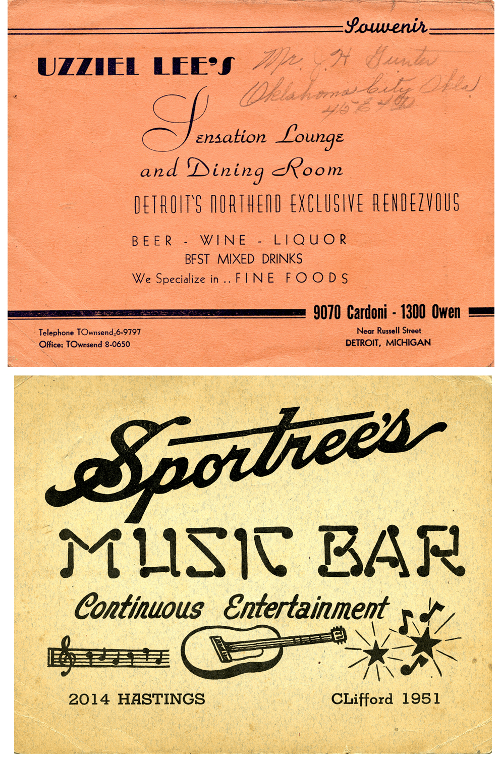 Top: Cover of a card from Uzziel Lee's Sensation Lounge and Dining Room, circa 1947. Bottom: 1940s menu card for Sportree's Music Bar, a club on Hastings Street before the construction of I-375.