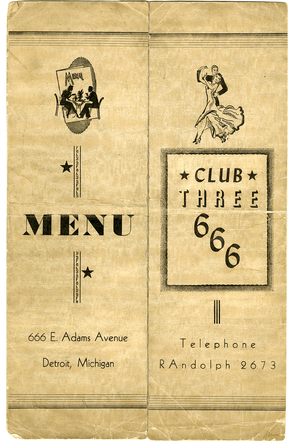 Menu cover for Club Three 666, circa 1945.