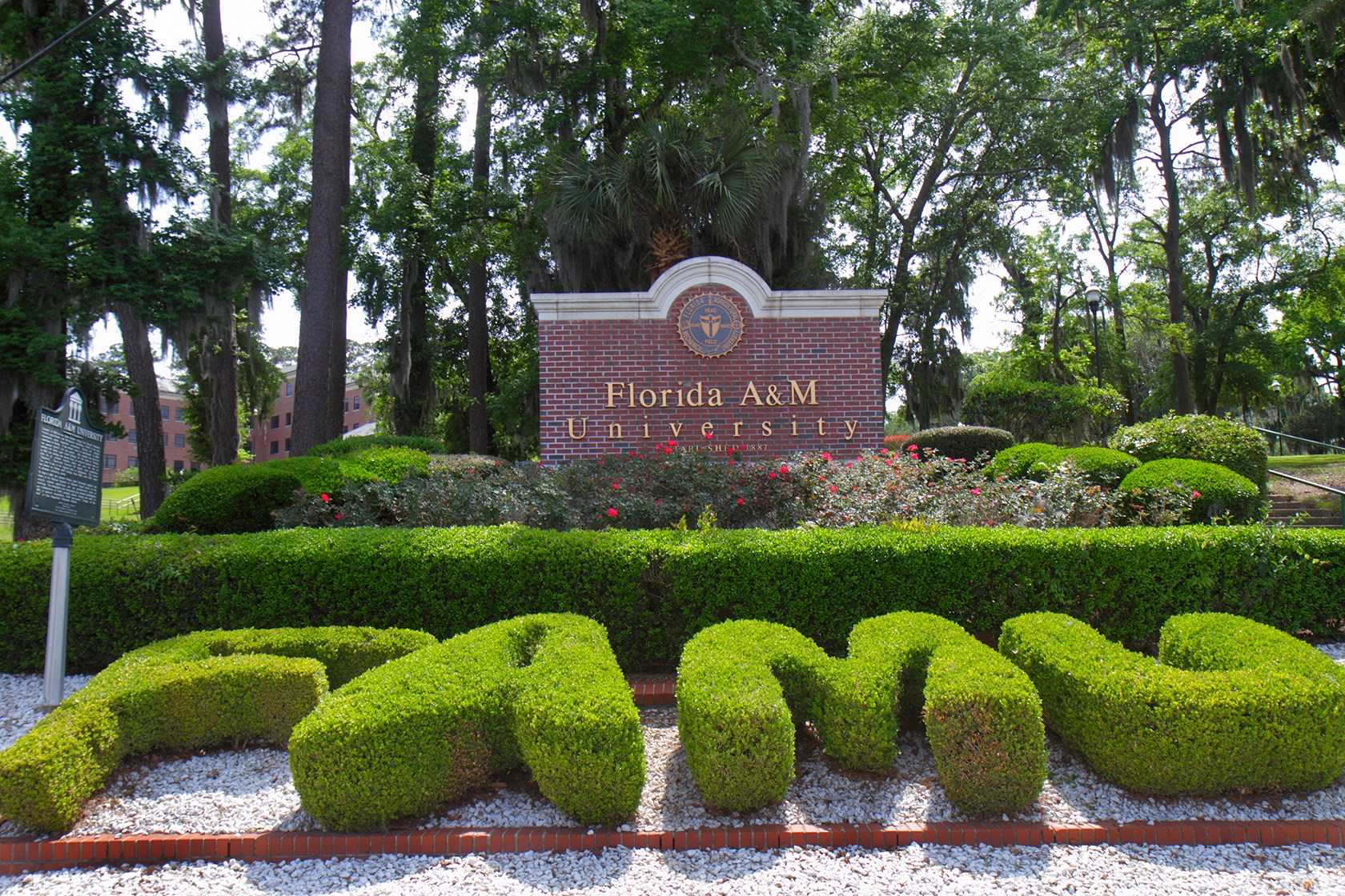 Florida A&M University entrance sign, with FAMU spelled out in trimmed bushes