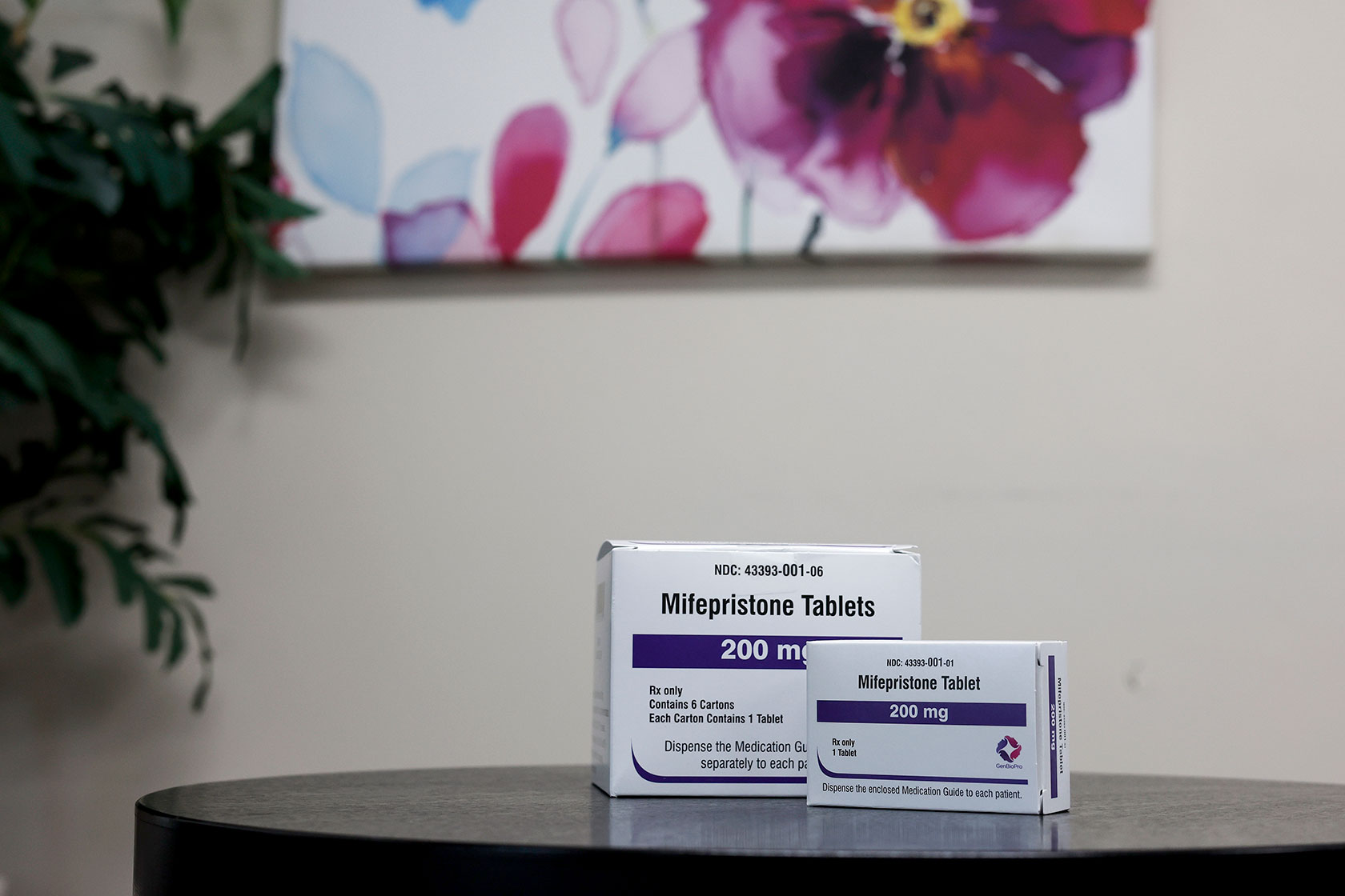 Packages of mifepristone are displayed at a family planning clinic.