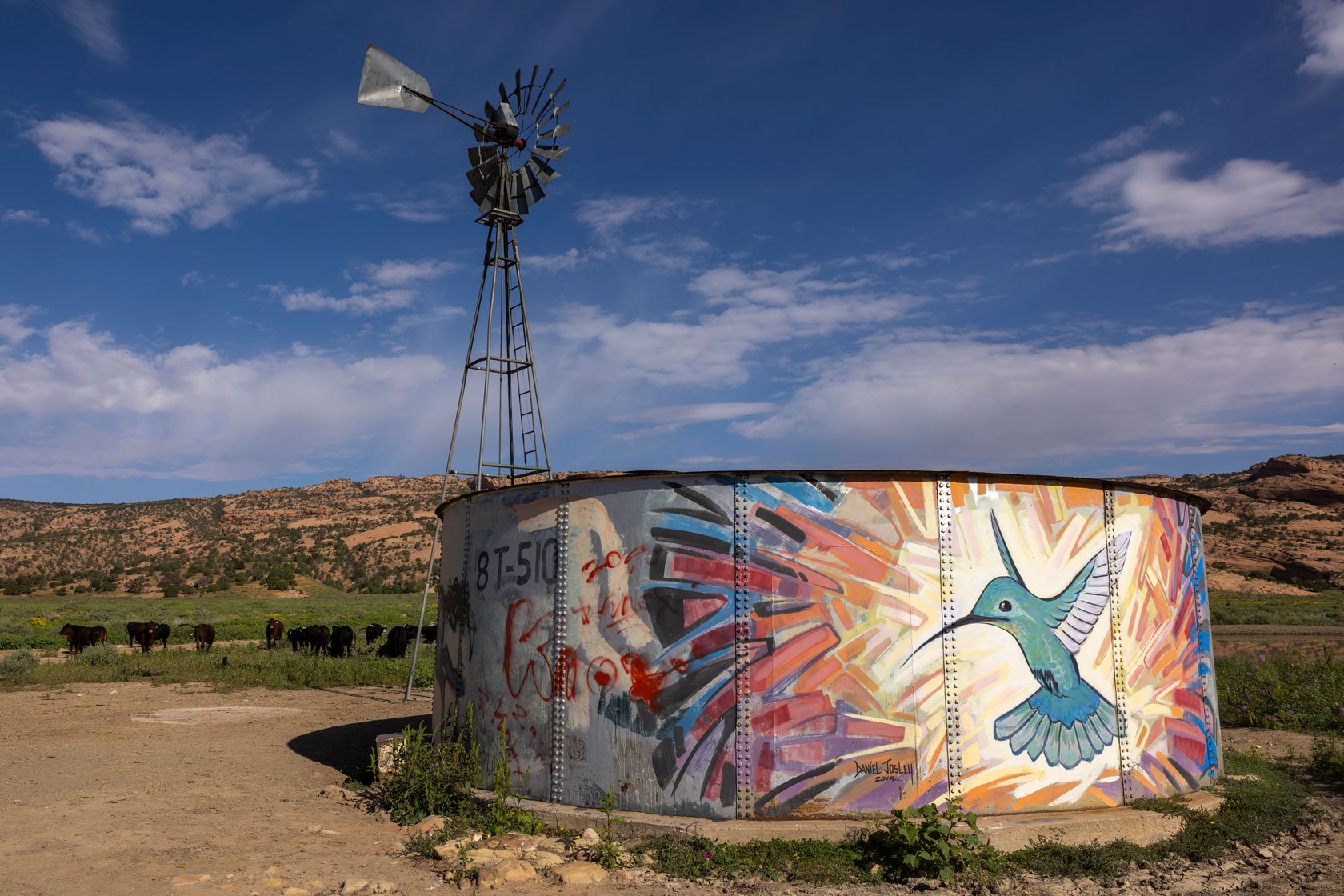 Photo shows a water tank with a hummingbird mural sitting on a dry landscape on a sunny day