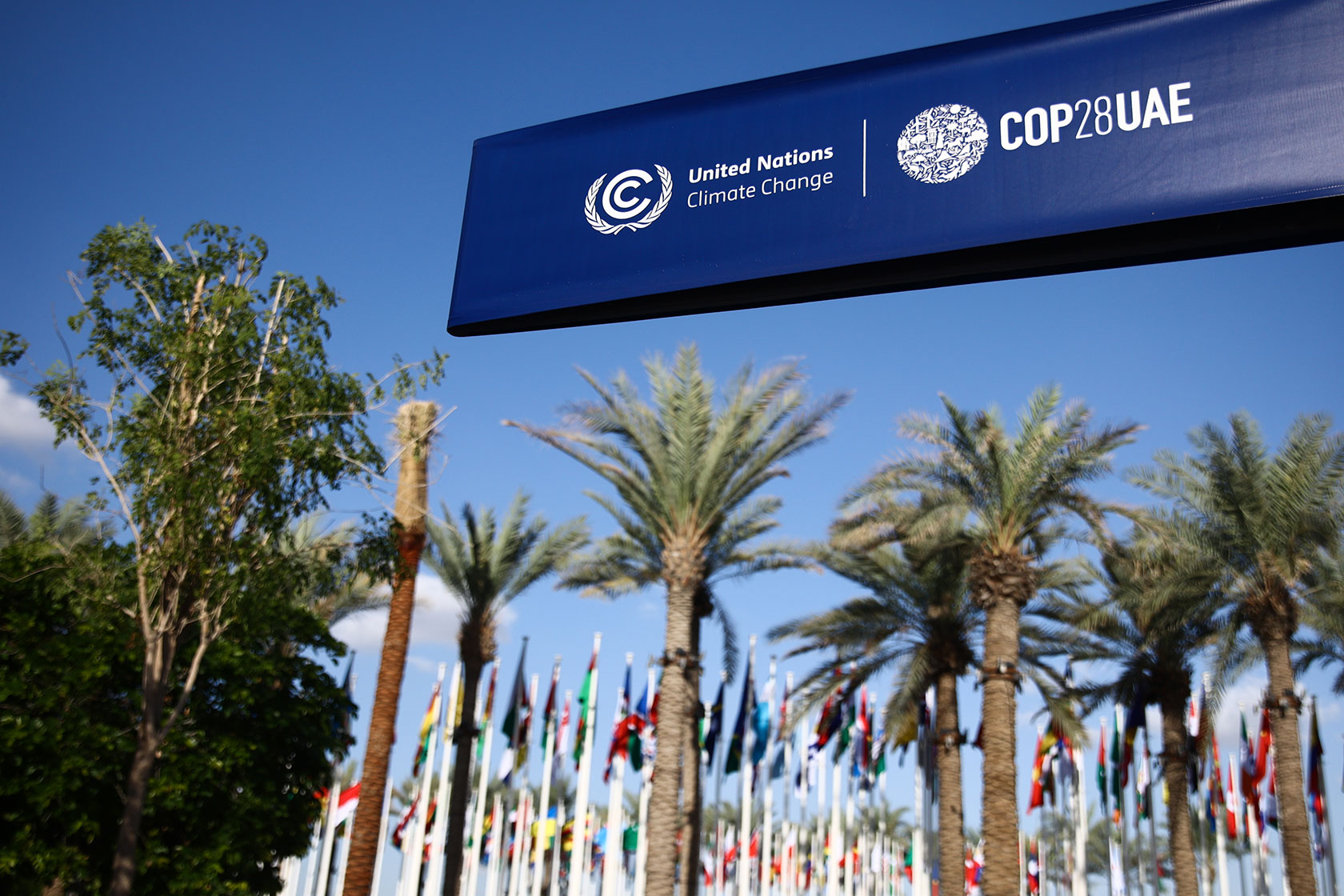 The COP28 logo is seen in Dubai.