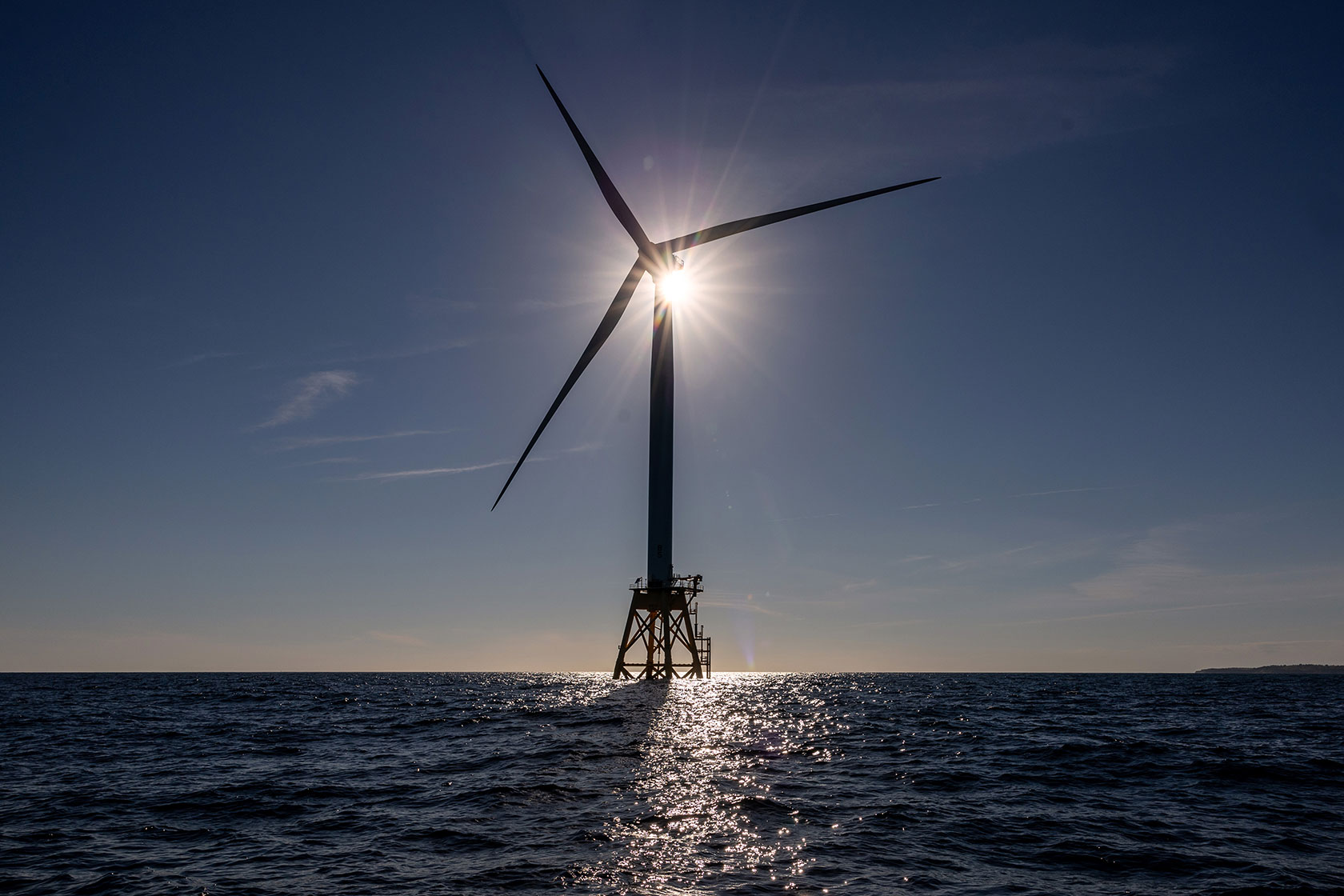 A wind turbine generates electricity at Rhode Island’s Block Island Wind Farm.