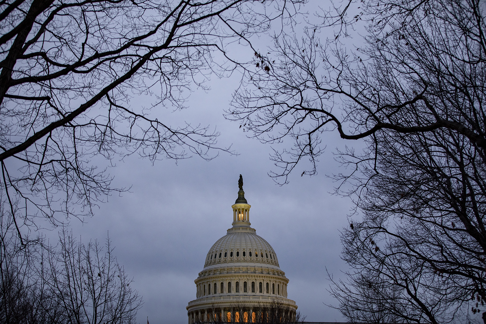 Sun sets over the Capitol building; tree branches in foreground