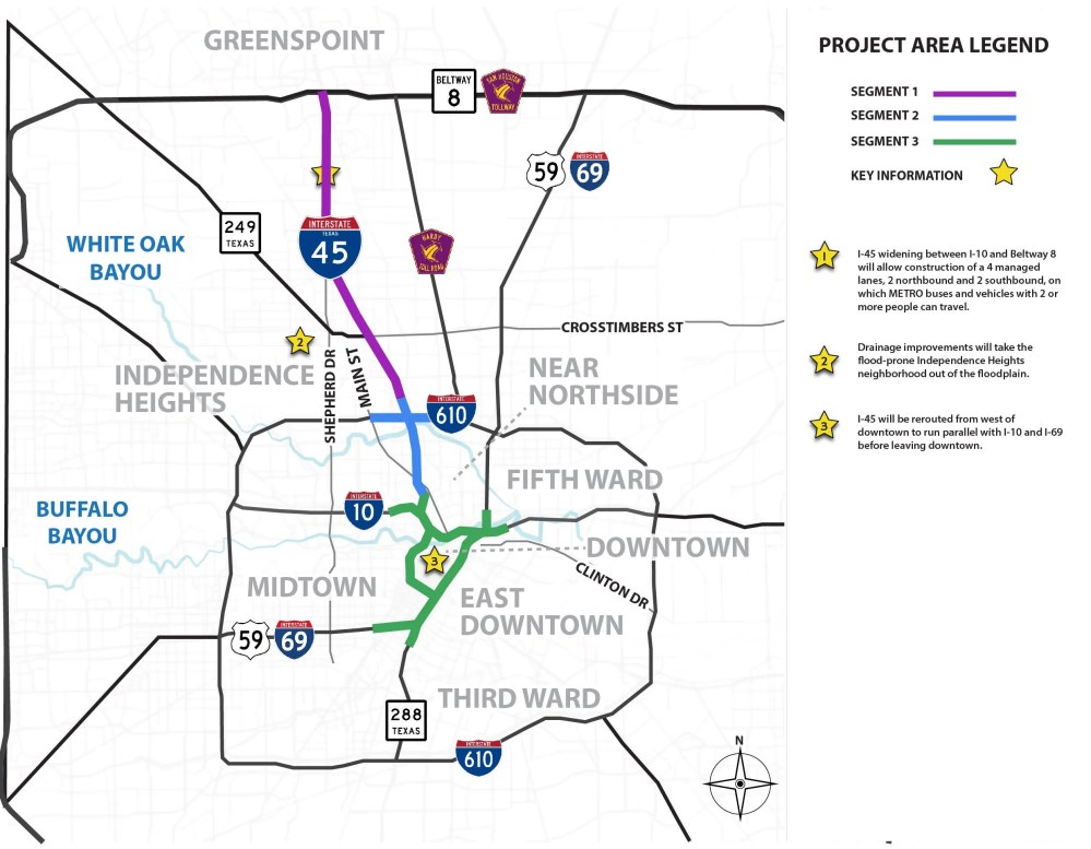 A map of the proposed improvements to I-45 in northern Houston, Texas.