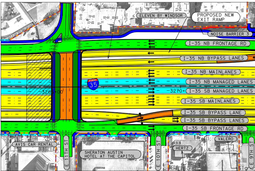A diagram showing an overhead view of the proposed additions of high-occupancy vehicle lanes to I-35 in Austin, Texas.