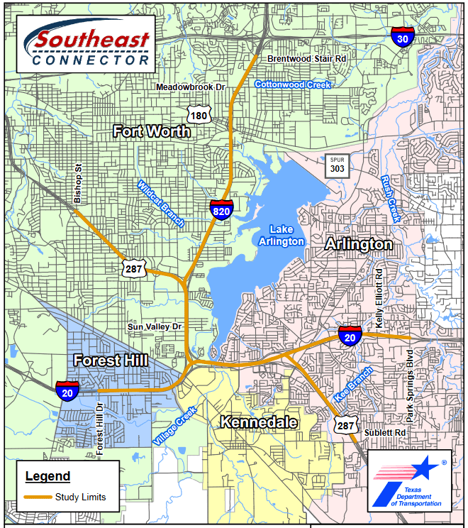 A map showing proposed highway improvements in the Dallas-Forth Worth area.