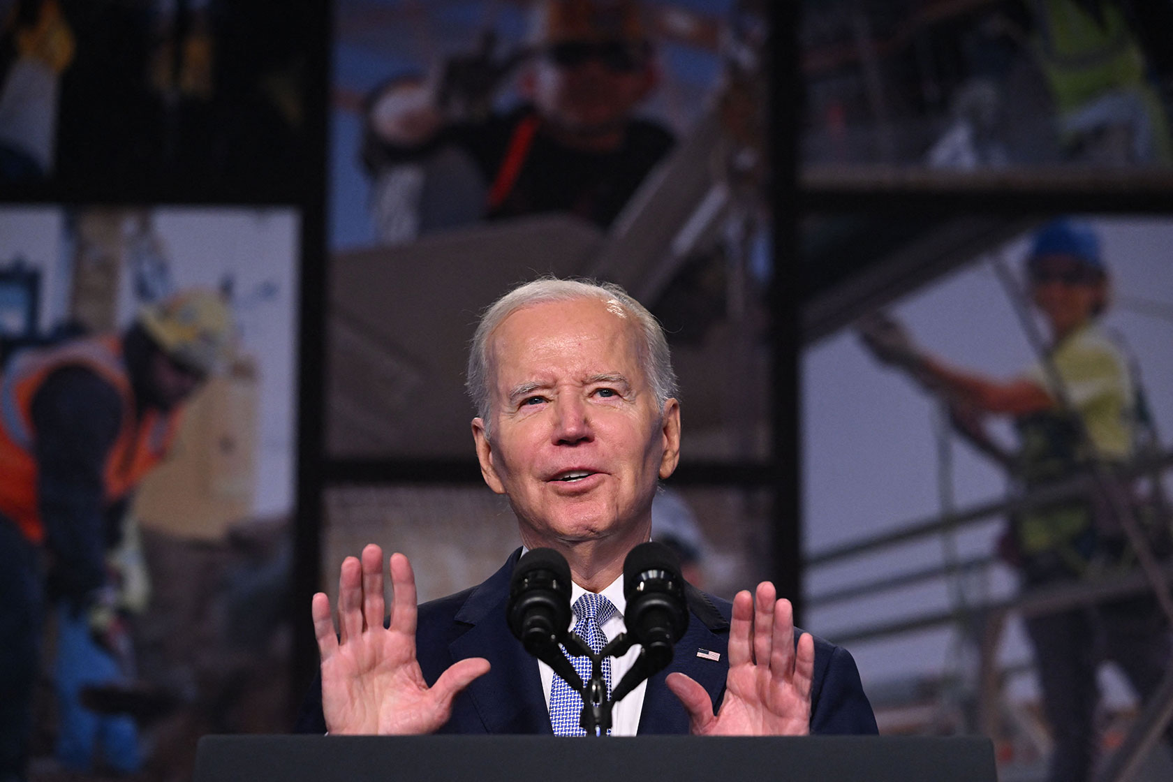 U.S. President Joe Biden thanks the crowd following a speech.