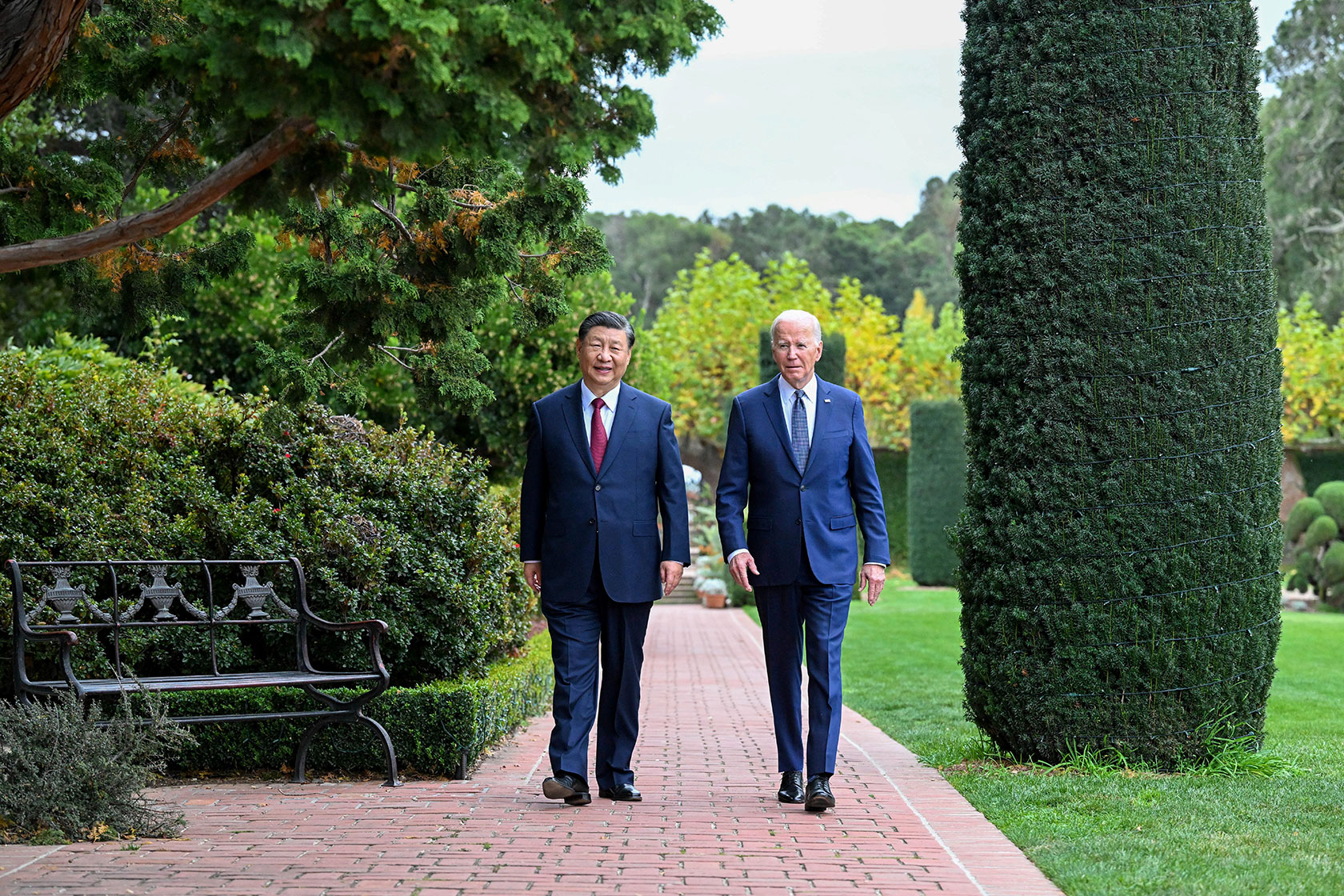 Chinese President Xi Jinping and U.S. President Joe Biden take a walk after their talks in the Filoli estate.