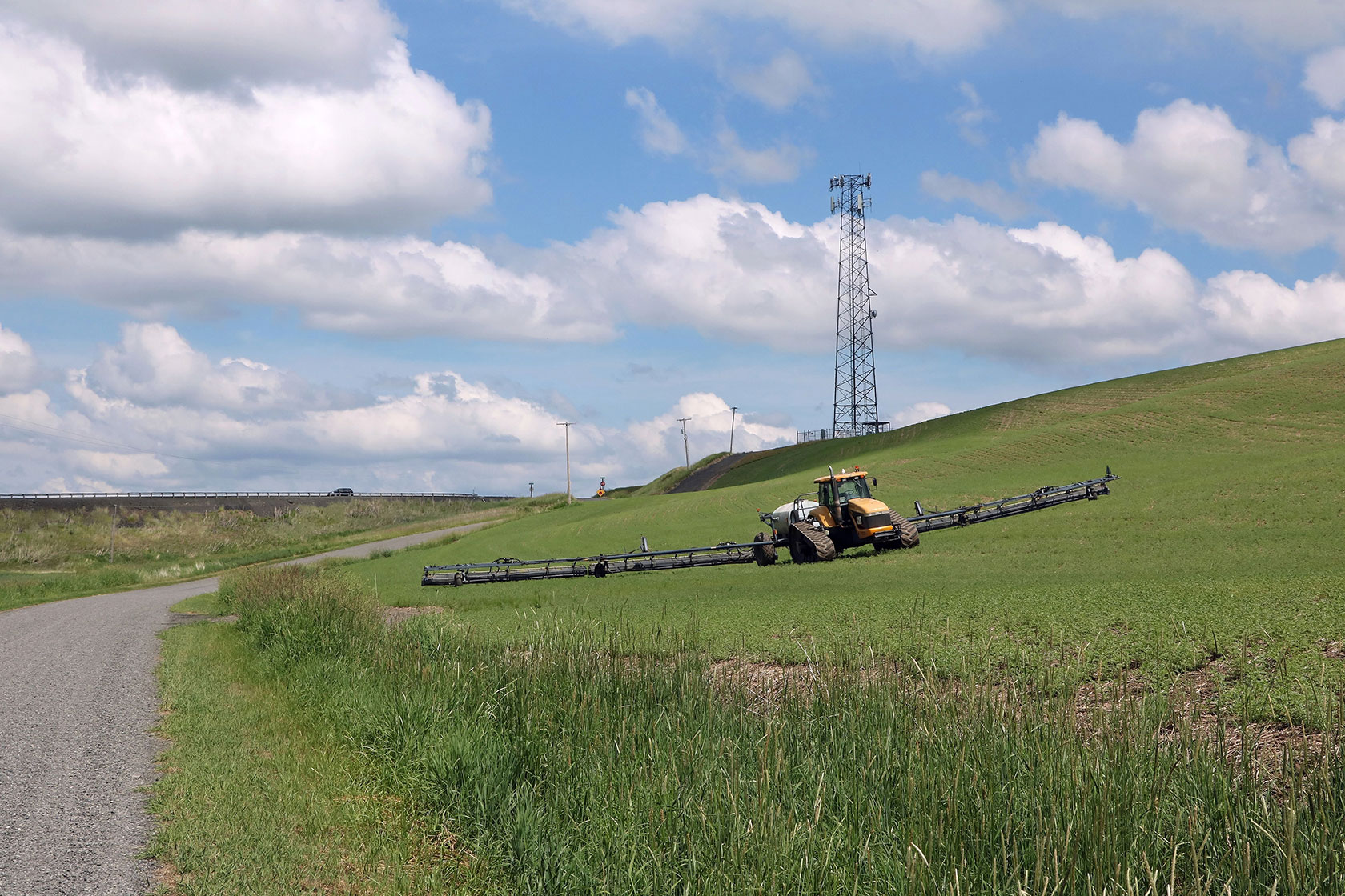 A farmer tends to crops in front of a cell tower.